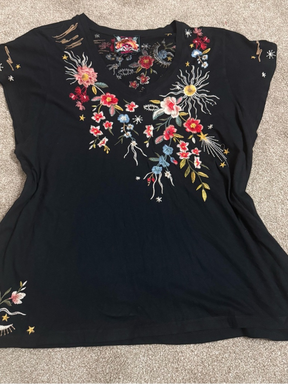 Johnny Was Lissa Embroidered Floral Print Flutter Sleeve Tee